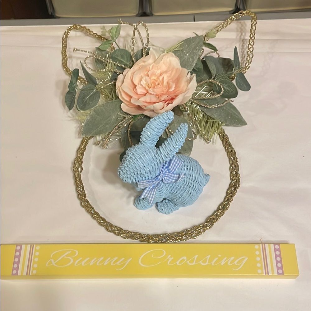 Easter Holiday Wreath, with Blue Bunny and Sign.